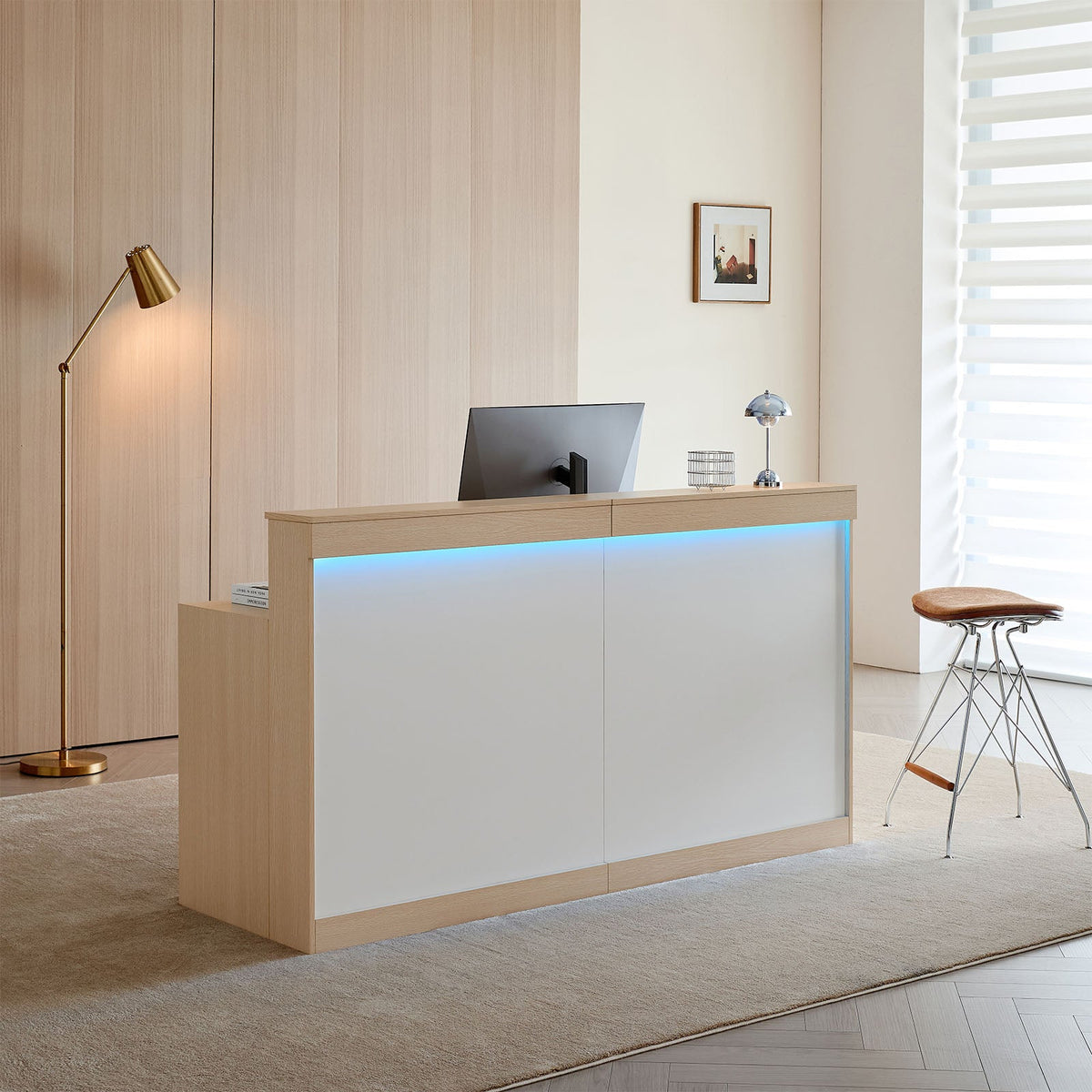 モダン　シンプル　明るい　受付カウンター　受付台　収納　引き出し　扉付き　LEDライト　配線孔　JDT-2214