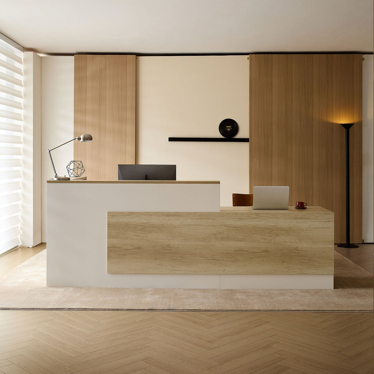 シック　落ち着き　木目調　シンプル　錠付き引き出し　扉付き収納　収納ラック　L字　受付カウンター　受付台　メラミン化粧板　JDT-2215