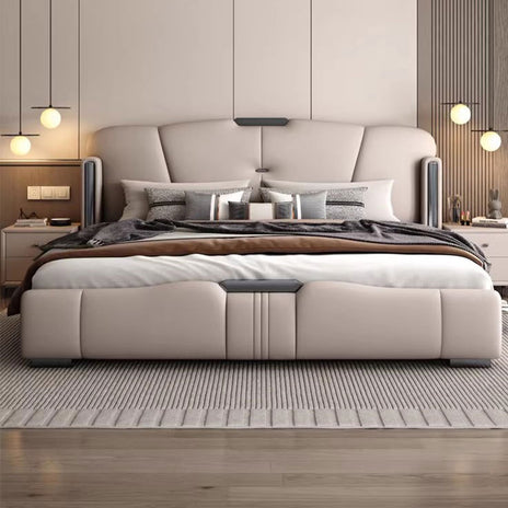 ベッド　収納付きベッド　二人用ベッド　跳ね上げベッド　ナッパレザー　パイン材　収納スペース付き　背面クッション付き　ガス圧シリンダー　炭素鋼脚　カスタマイズ可能　BED-M064