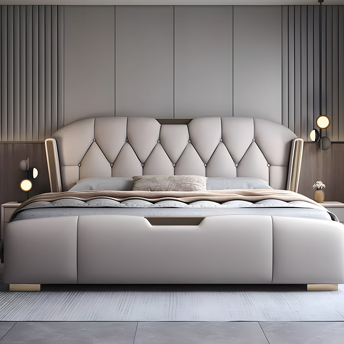 ベッド　二人用ベッド　高反発ウレタン　ナッパレザー　天然木　　背面クッション付き　高級感　BED-M066