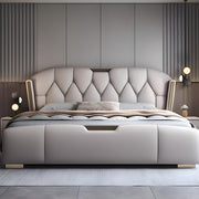 ベッド　二人用ベッド　高反発ウレタン　ナッパレザー　天然木　　背面クッション付き　高級感　BED-M066