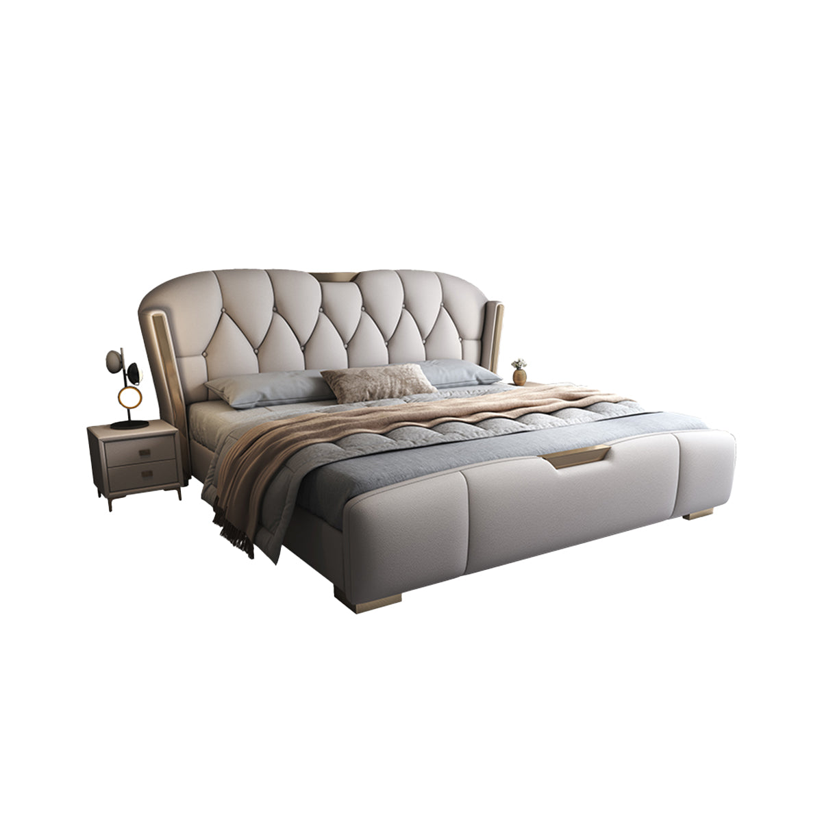 ベッド　二人用ベッド　高反発ウレタン　ナッパレザー　天然木　　背面クッション付き　高級感　BED-M066