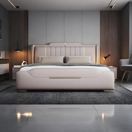 ベッド　北欧風ベッド　二人用ベッド　高級感　炭素鋼脚　背後クッション付き　ナイトライト　ナッパレザー　引き出し付き　跳ね上げベッド　BED-M067