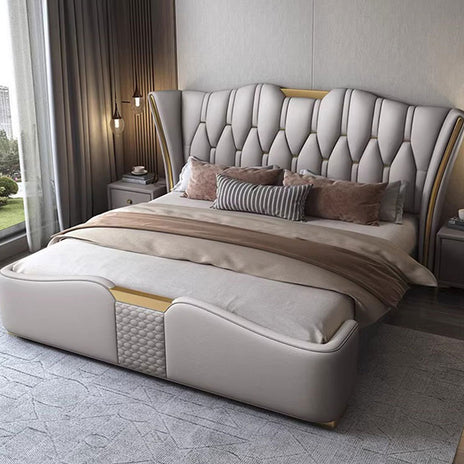 ベッド　二人用ベッド　ナッパレザー　背面クッション付き　ウレタン　高級感　天然木　高品質　モダン　グレー　ホワイト　BED-M068