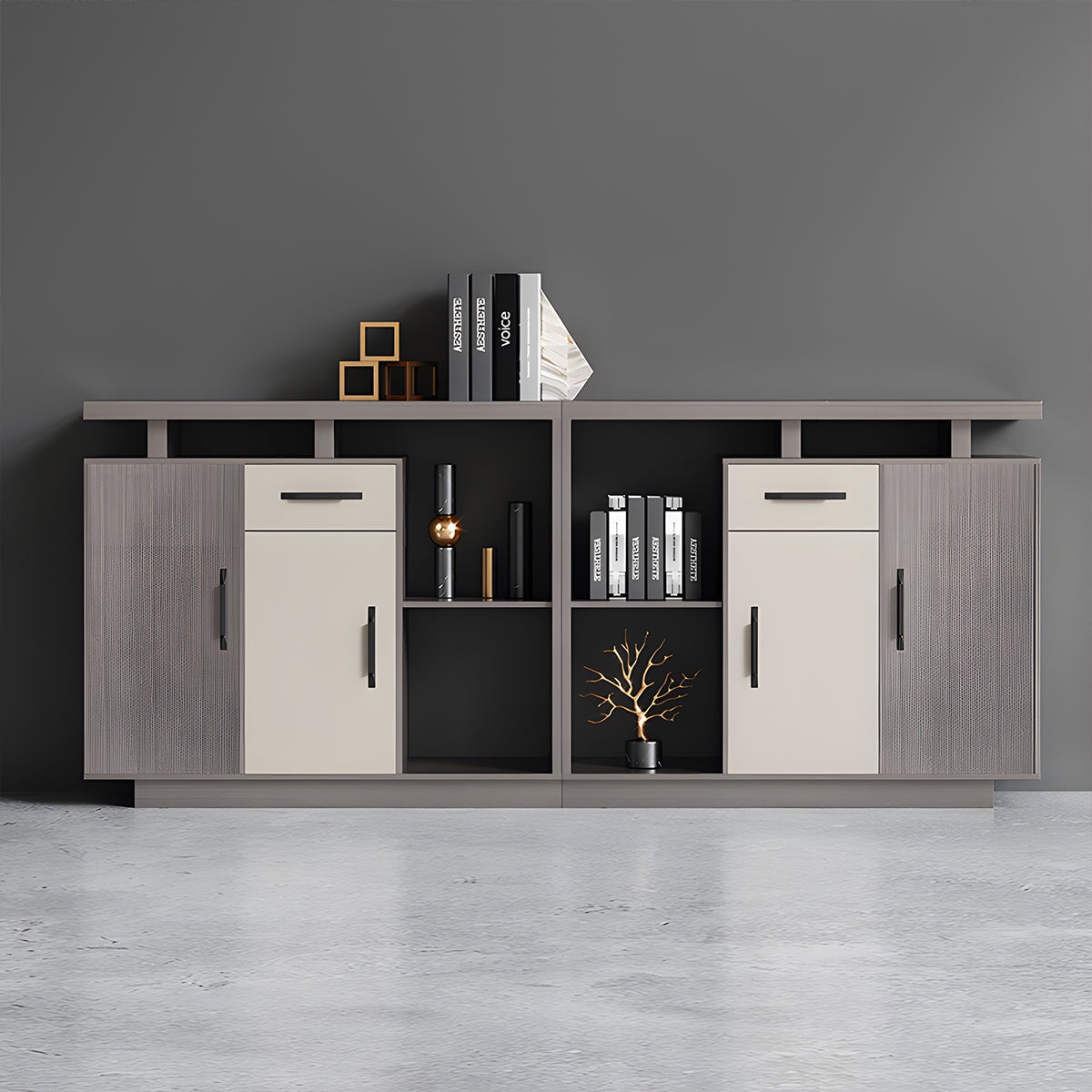 オフィスキャビネット　ファイリングキャビネット　木製書庫　書類整理棚　ハイグレード感　メラミン化粧板　分類収納　グレー　 metamall