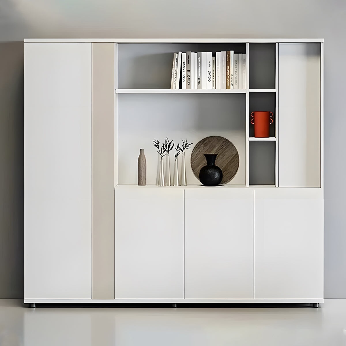 オフィスキャビネット　ファイリングキャビネット　木製書庫　書類整理棚　分類収納　メラミン化粧板　アジャスター　ホワイト　カスタマイズ可能　 metamall