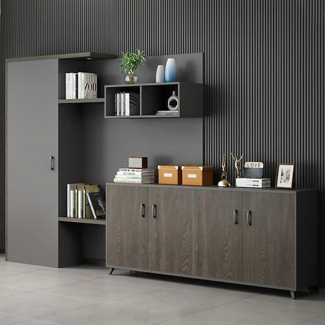 オープン収納　クローゼット付き　メラミン化粧板　オフィスキャビネット　ファイリングキャビネット　木製書庫　書類整理棚　シック　木目調　CWG-M029