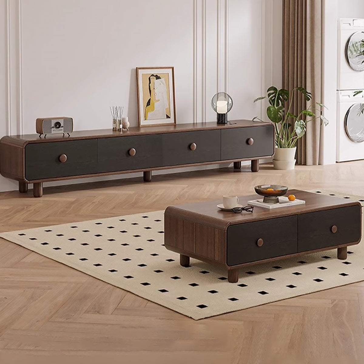 テレビボード　テレビ台　高級感　木目調　引き出し付き　大容量　分類収納　メラミン化粧板　Ｒ加工　高さのある脚　カスタマイズ可能　DSG-M030