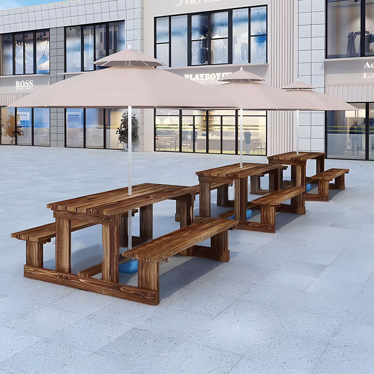 ガーデンテーブル・ベンチセット　屋外家具　ガーデン家具　天然木　耐候性　耐荷重　安定感　シンプル　高品質　ナチュラル　ブラウン　カスタマイズ可能　HWZY-M033