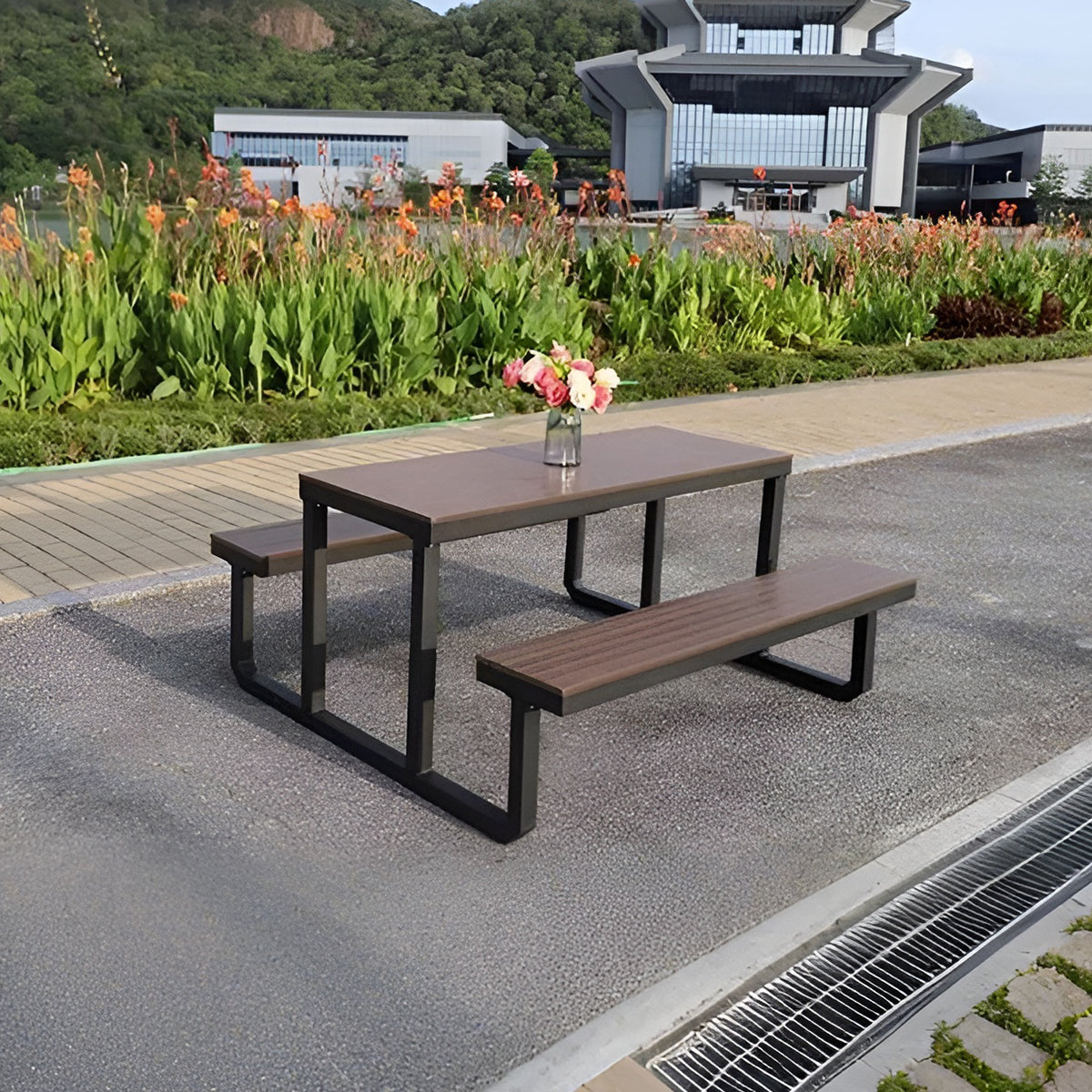 ガーデンテーブル・ベンチセット　屋外家具　ガーデン家具　焼付塗装　樹脂木材　屋外　耐候性　堅固　高品質　ブラック　ホワイト　HWZY-M036