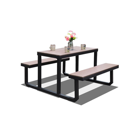 ガーデンテーブル・ベンチセット　屋外家具　ガーデン家具　焼付塗装　樹脂木材　屋外　耐候性　堅固　高品質　ブラック　ホワイト　HWZY-M036