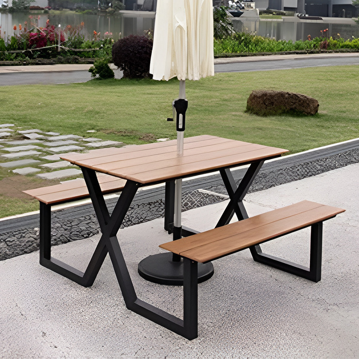 ガーデンテーブル・ベンチセット　ガーデンテーブル　屋外家具　ガーデン家具　焼付塗装　スチールフレーム　樹脂木材　高品質　ナチュラル　HWZY-M037