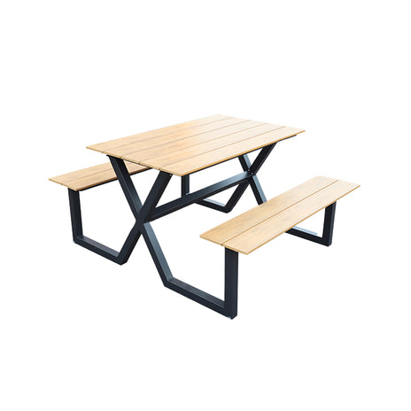 ガーデンテーブル・ベンチセット　ガーデンテーブル　屋外家具　ガーデン家具　焼付塗装　スチールフレーム　樹脂木材　高品質　ナチュラル　HWZY-M037