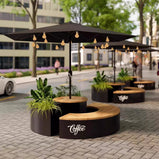 ガーデンテーブル　チェア　セット　スチールフレーム　ロゴ入れ可能　ガーデンパラソル付き　プランター　ホワイト　カスタマイズ可能　HWZY-M043