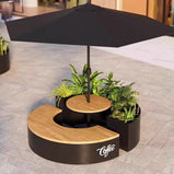 ガーデンテーブル　チェア　セット　スチールフレーム　ロゴ入れ可能　ガーデンパラソル付き　プランター　ホワイト　カスタマイズ可能　HWZY-M043