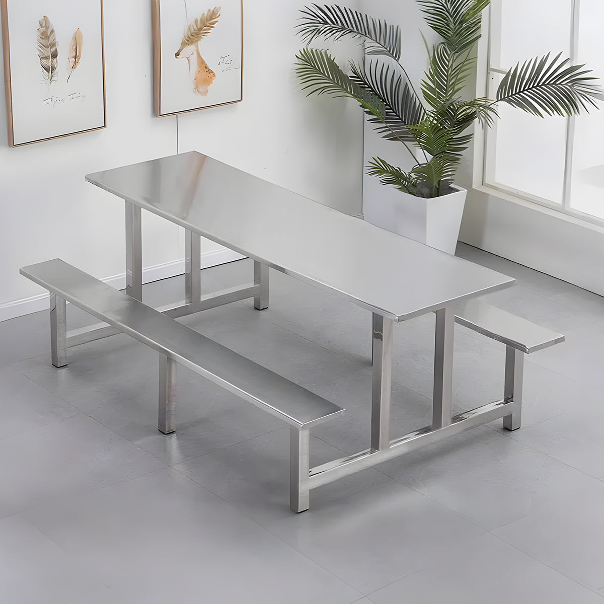 食堂テーブル　セット　チェア　スチールフレーム　合板　エッジ加工　ステンレス鋼　お手入れ簡単　耐久性　シルバー　カスタマイズ可能　HWZY-M047