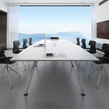 会議テーブル　ミーティングテーブル　スチールフレーム　ステンレス鋼　ハの字構造　広い下肢空間　スタイリッシュ　配線孔　シャープなエッジ　プラパート　ホワイト　metamall