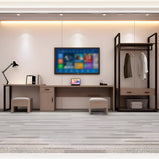 ライティングデスク　ナイトテーブル　小型テーブル　ベッドサイドテーブル　ホテル家具　客室向け　エコ素材　ライティングデスク　木目調　メラミン化粧板　配線　チェア　JDGZ-M010　metamall