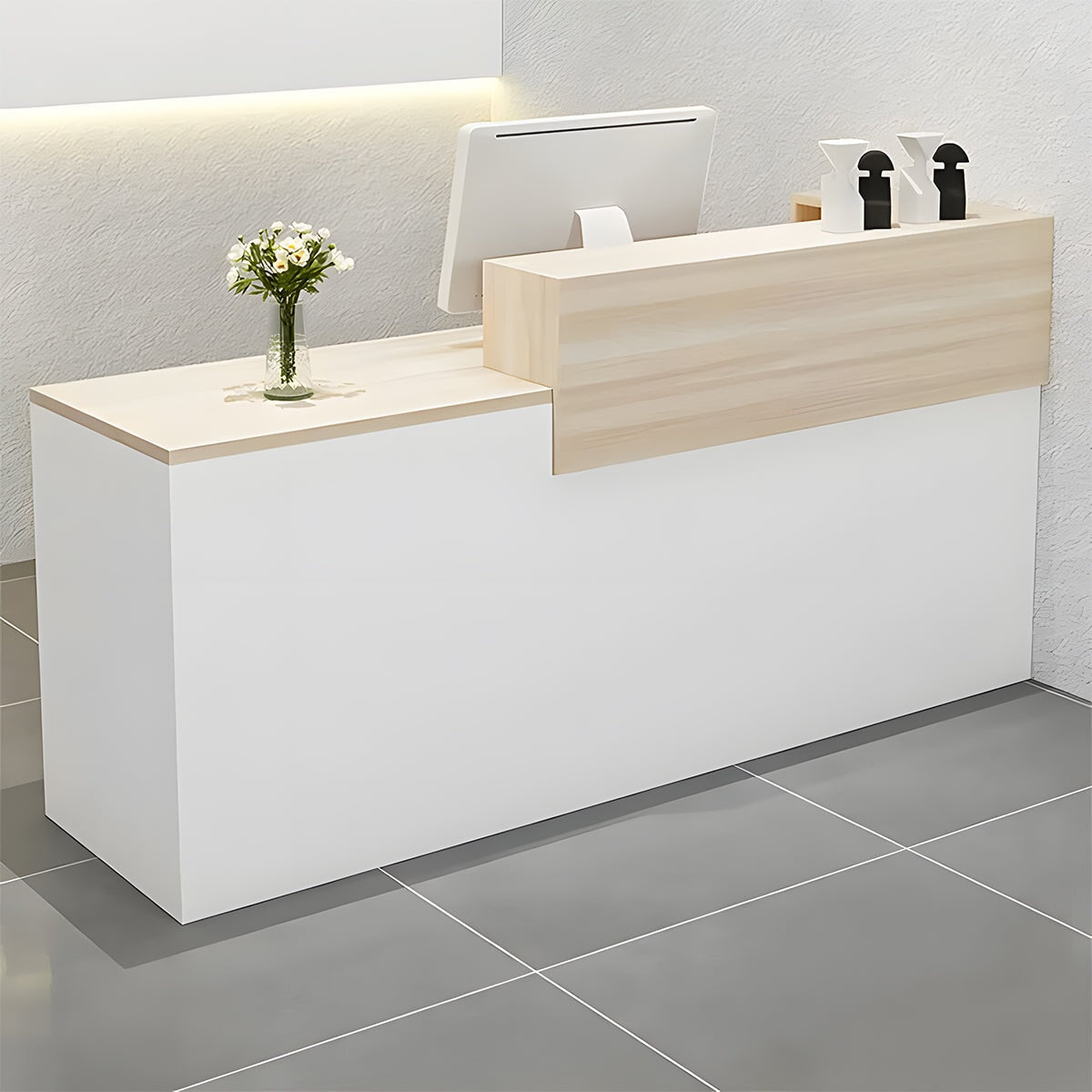 受付カウンター　レジカウンター　受付台　カウンター　収納棚　引き出し付き　キーボードトレイ付き　袖机　配線穴付き　ホワイト　カスタマイズ可能　metamall