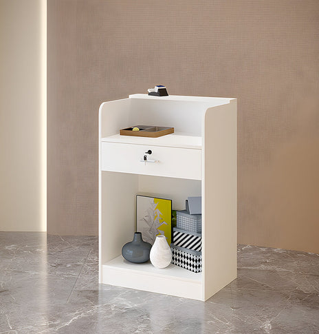 受付カウンター　収納　受付台　レジカウンター　マーブル模様　鍵付き　シリンダー錠　引出し付き　分類収納　シンプル　ホワイト　JDT-M-123