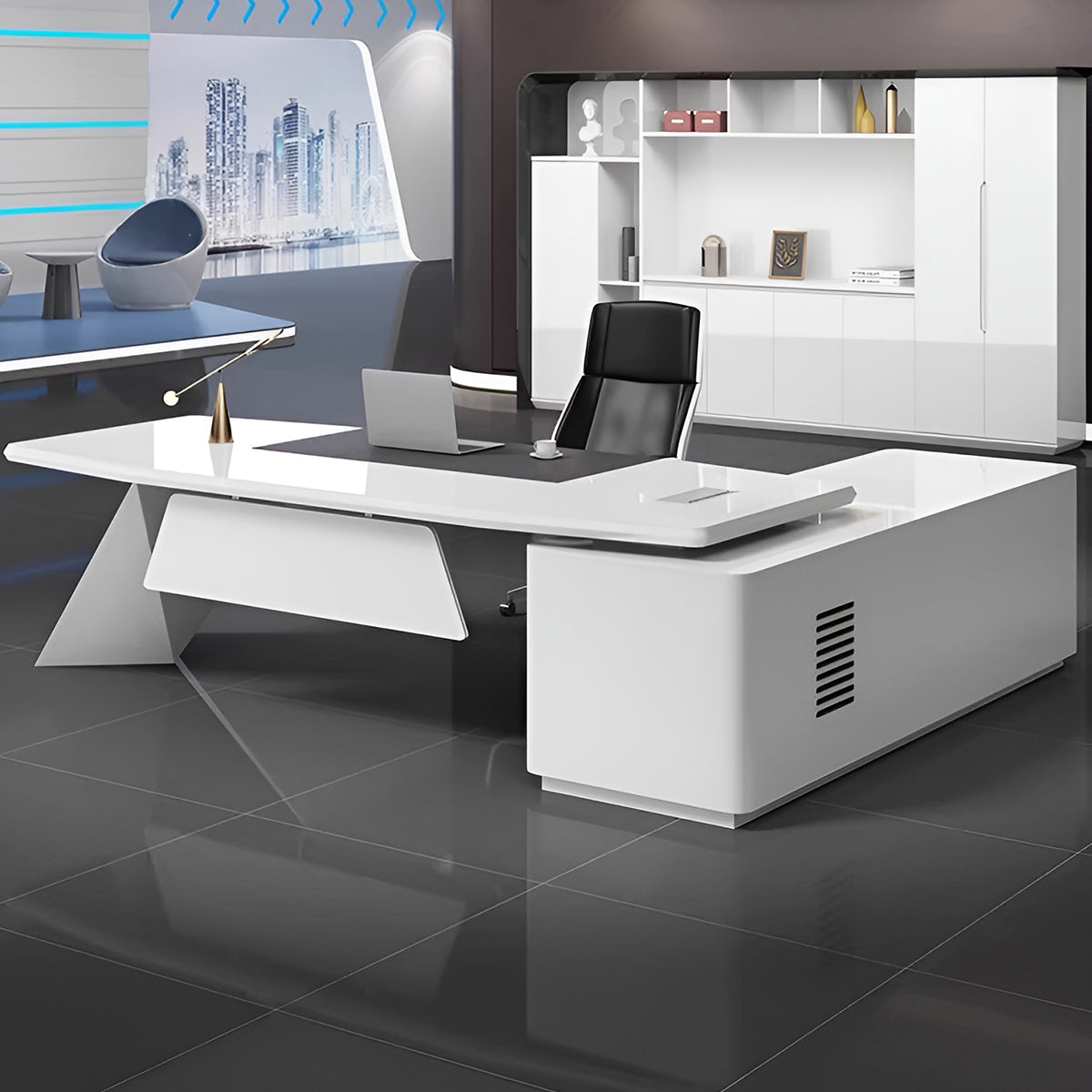 通気孔　幕板付き　シンプル　実用　役員用デスク　エグゼクティブデスク　社長デスク　使い勝手　おしゃれ　お手入れ簡単　エコ素材　ホワイト　カスタマイズ可能　LBZ-M094