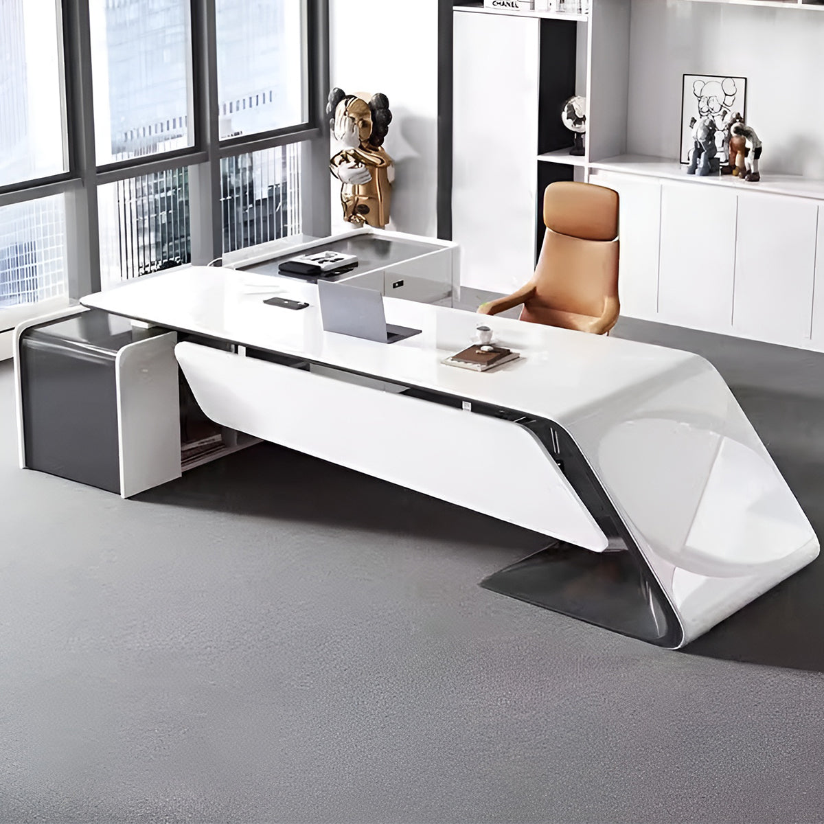 メラミン化粧板　デザイナーズ　エグゼクティブデスク　社長机　サイドキャビネット　焼付塗装　ホワイト　おしゃれ　上質　カスタマイズ可能　LBZ-M095