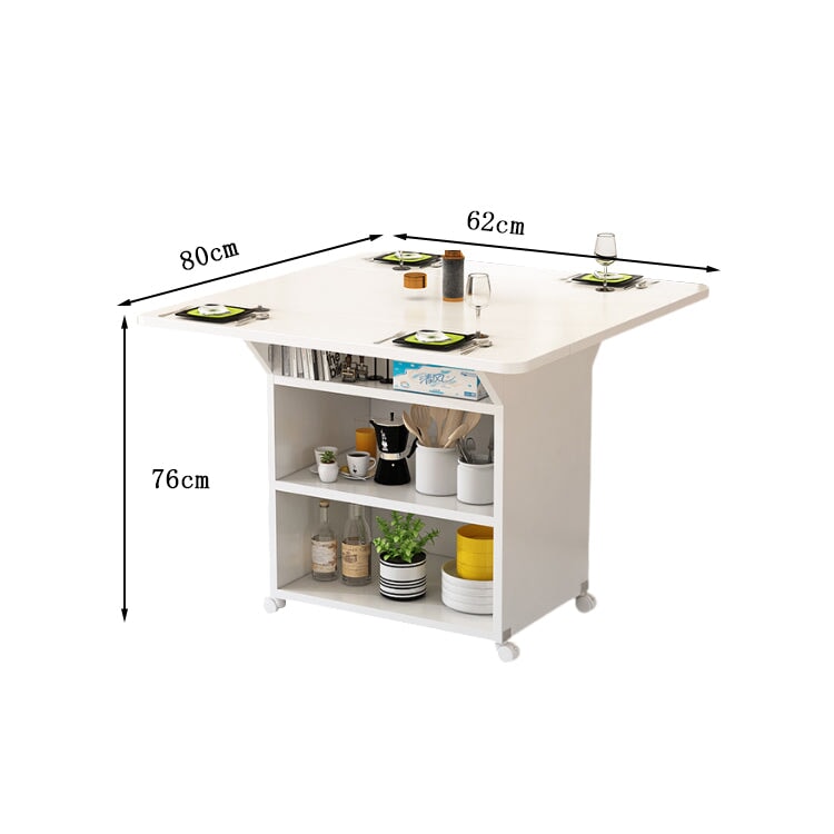 リビングボード　サイドボード　バタフライ式テーブル　キャスター付き　分類収納　メラミン化粧板　ロック付き　R加工　ホワイト　metamall