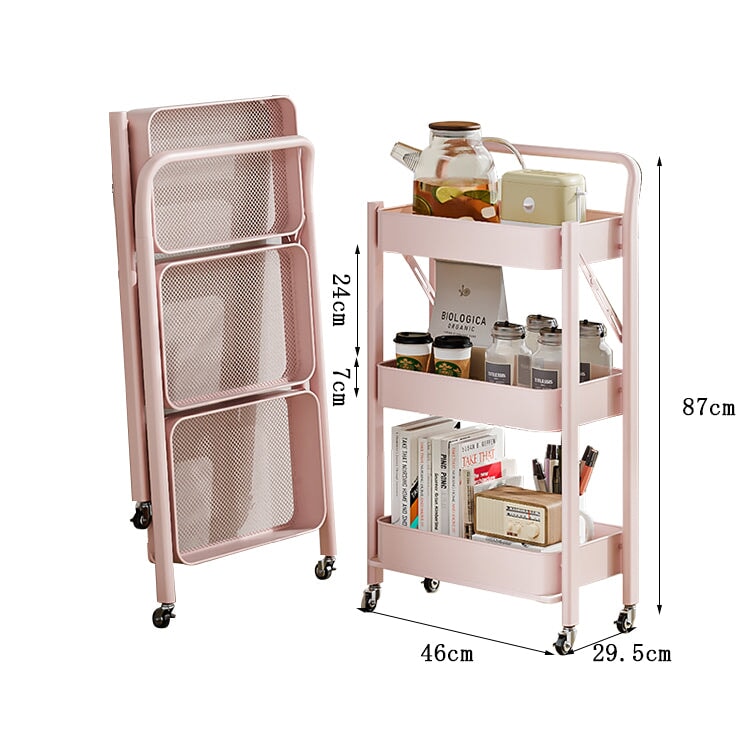 ワゴン　キャスター　収納家具　折りたたみ式　コンパクト　省スペース　ロック付き　シンプルデザイン　空間利用率向上　スチールフレーム　焼付塗装　ピンク　metamall