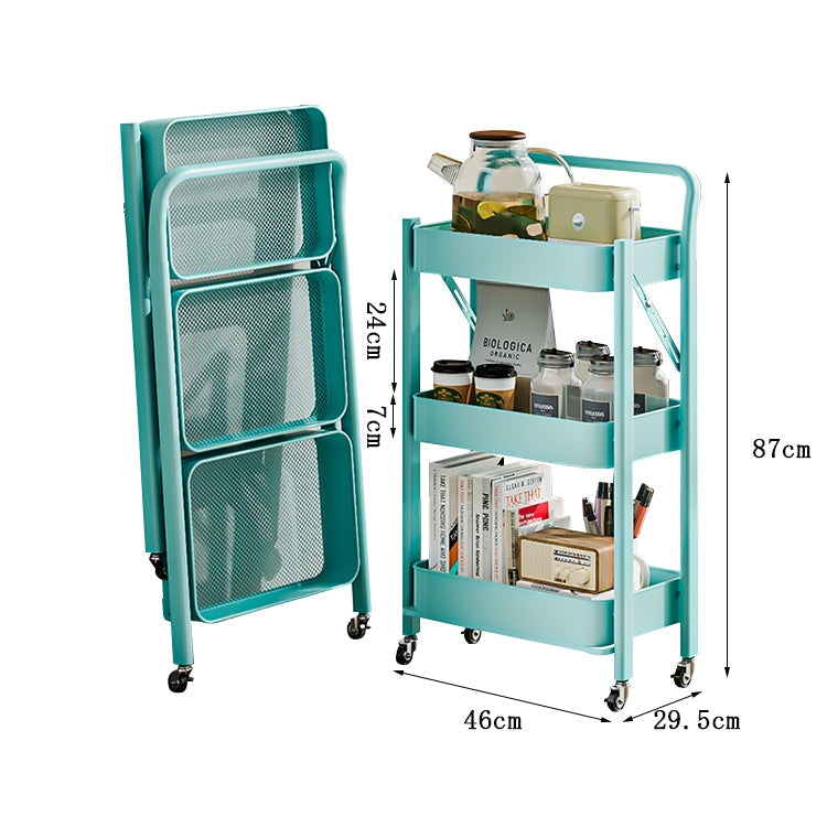 ワゴン　キャスター　収納家具　折りたたみ式　コンパクト　省スペース　ロック付き　シンプルデザイン　空間利用率向上　スチールフレーム　焼付塗装　ピンク　metamall