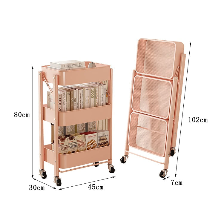 ワゴン　キャスター　収納家具　折りたたみ式　コンパクト　省スペース　ロック付き　シンプルデザイン　空間利用率向上　スチールフレーム　焼付塗装　ピンク　metamall
