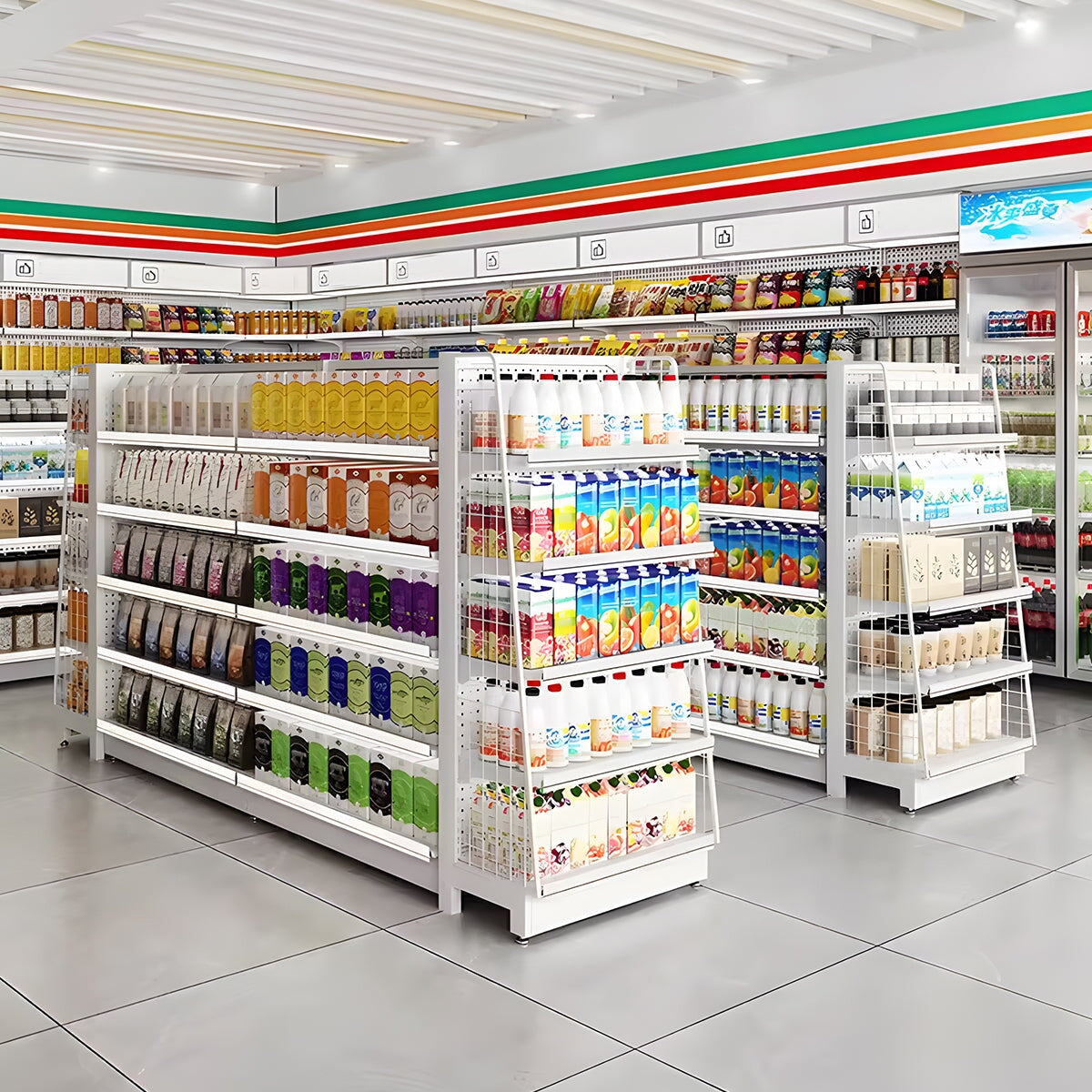 商品陳列棚　コンビニ用キャビネット　スーパー品棚　スーパーラック　スチール製　アジャスター付き　棚板数調整可能　ライトボックス付き　冷間成形鋼　ホワイト　ブラック　YLGZ-M-009