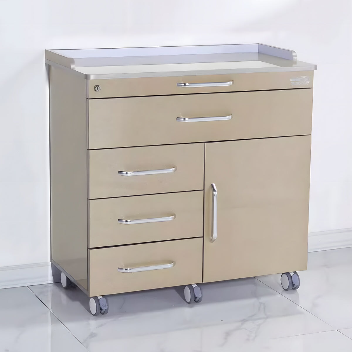 医療用キャビネット　歯科用ワゴン　おしゃれ　歯科医院　キャスター付き　引出し付き　ストッパー付き　ホワイト　ゴールド　カスタマイズ可能　metamall