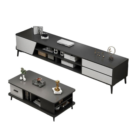 テレビボード　伸長式デザイン　スタイリッシュ　高級感　バイカラーデザイン　分類収納　メラミン化粧板　手掛けデザイン　フラットな見た目　木目調　ブラック　metamall