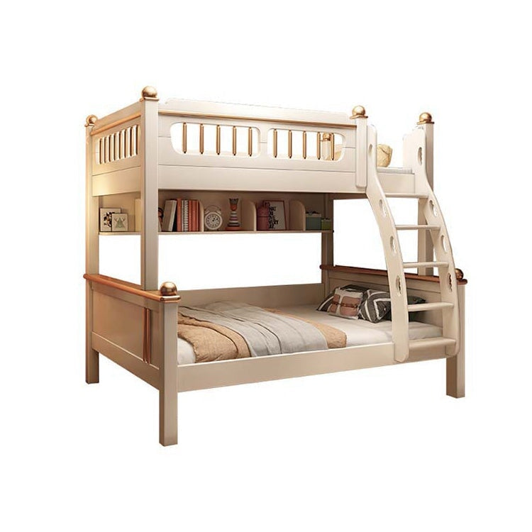 ベッド　子供用ベッド　二段ベッド　落下防止柵付き　角丸　滑り防止のはしご　手掛け付き　本棚付き　階段付き　滑り台　引出し付き　おしゃれ　ホワイト　SCC-K043