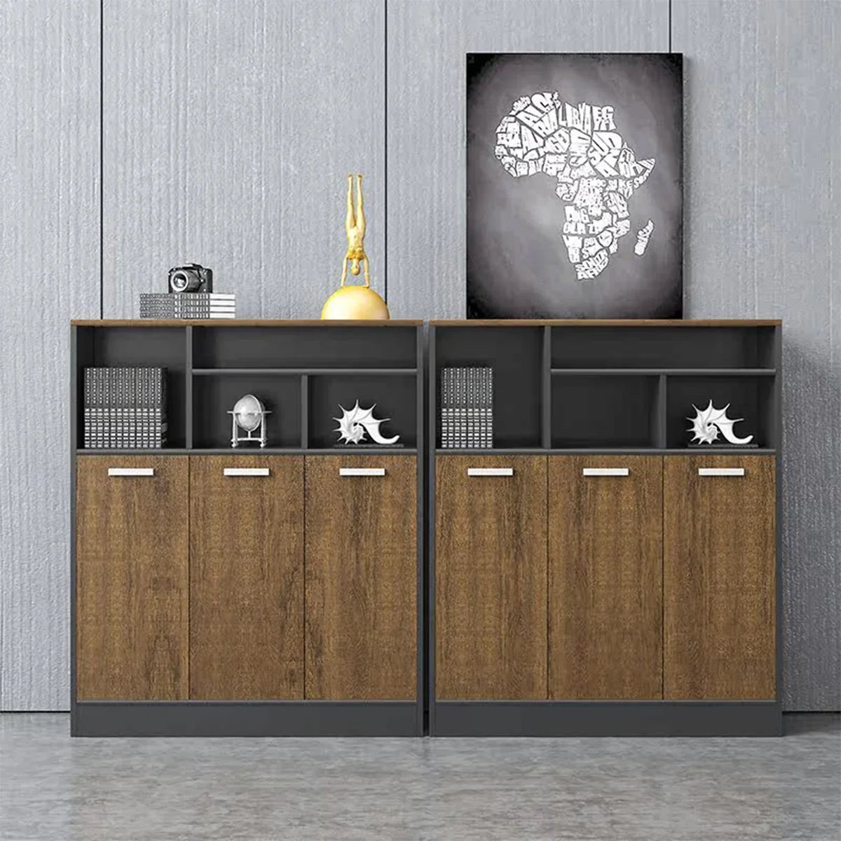 オフィスキャビネット　収納棚　書類棚　扉付き収納　オープン収納　大容量　シンプル　ダークグレー×ウォールナット　CWG-K097