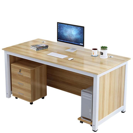 事務デスク 収納　オフィスデスク　オフィス用　木目調　PCカート付き　引出し付き　錠付き　配線孔付き　ホワイト　カスタマイズ可能　BGZ-M-130