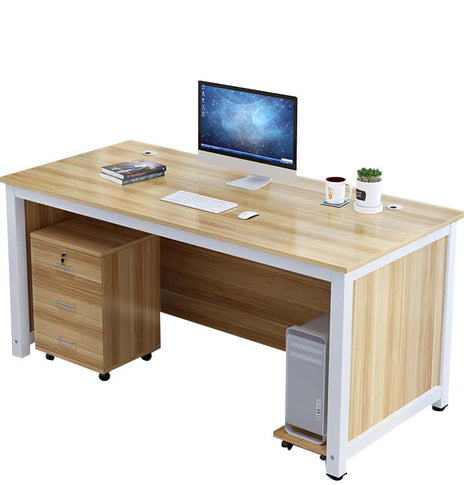 事務デスク 収納　オフィスデスク　オフィス用　木目調　PCカート付き　引出し付き　錠付き　配線孔付き　ホワイト　カスタマイズ可能　BGZ-M-130-kc