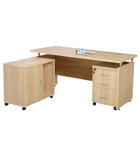 オフィスデスク　ワークテーブル 収納　事務机　木目調　配線穴付き　角丸　サイドキャビネット付き　シリンダー錠付き　ナチュラル　カスタマイズ可能　BGZ-M-131